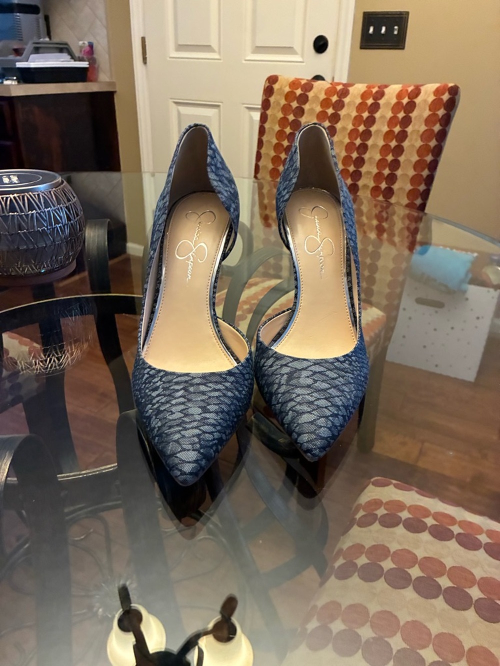 Jessica Simpson Blue Patterned Pointed Toe Pumps